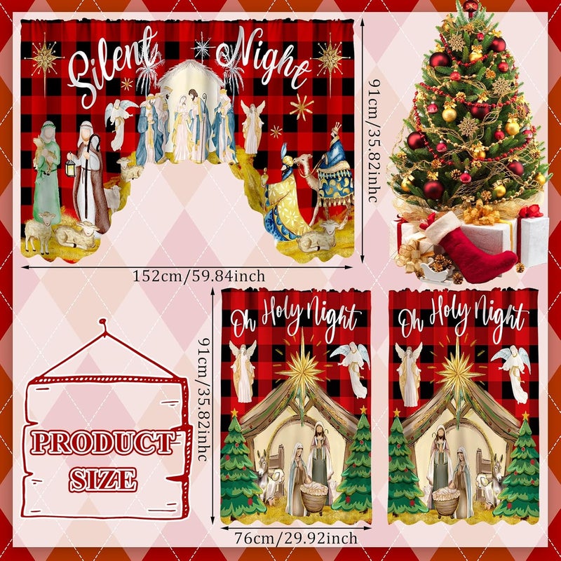 FuWeave Christmas Kitchen Curtains 3 Piece Set Nativity Window Curtains and Valance Set Xmas Curtain Swag for Kitchen Bedroom Living Room Decor, 60 x 36 Valance, 36 x 30 Tier - Image 2